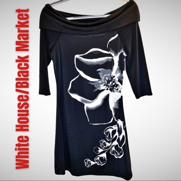 WHBM Monochrome Floral Print Off The Shoulder Mini Tunic Dress, Size Small - Picture 1 of 10